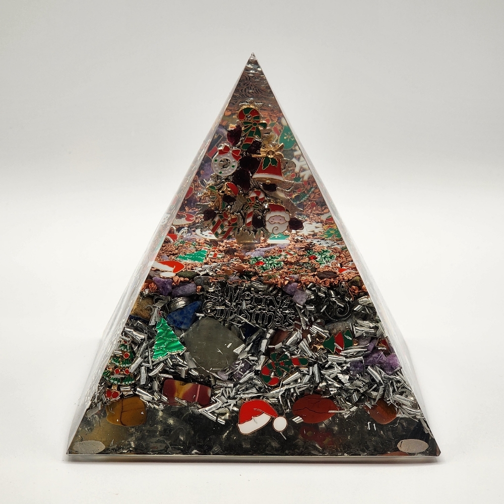 Yule Christmas-themed orgonite pyramid is a festive blend of beauty, energy